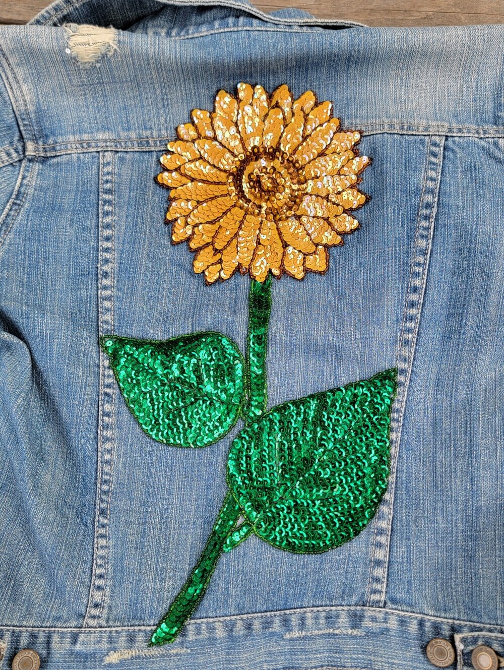 American Eagle customized sequin sunflower patch denim jacket - size M women's